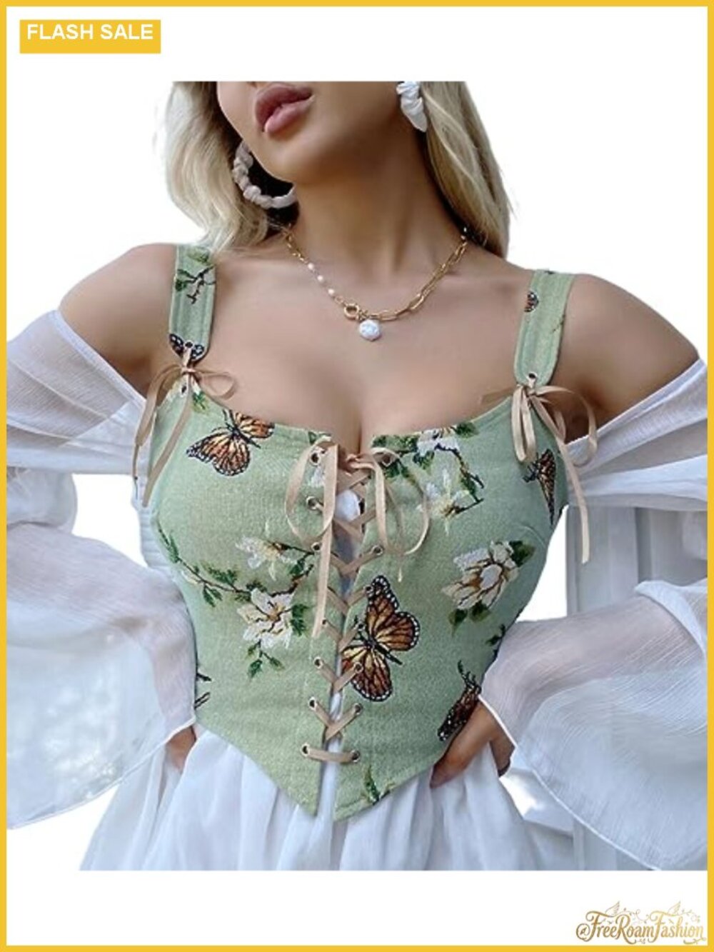 Sleeveless Floral Embroidered Corset Top Drawstring Crop Y2K Renaissance